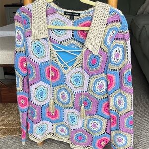 Boston Proper Crochet Multicolor Hexagon Sweater - Blue/Pink/Lavender